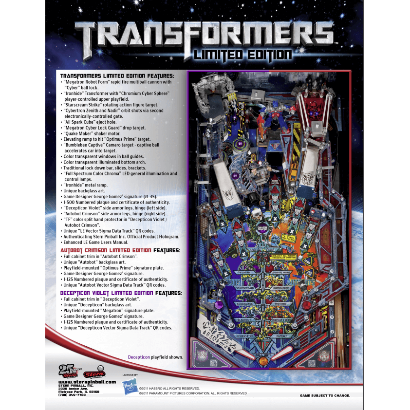 Transformers Limited Edition Pinball Machine by Stern